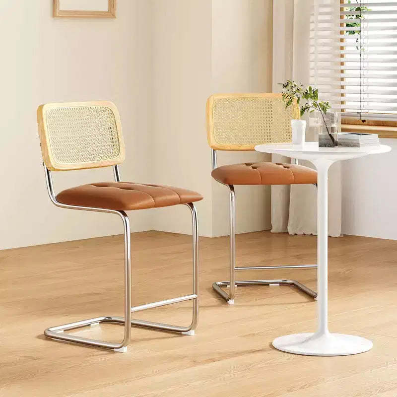 PexFix 2Pcs Counter Height Bar Stools Upholstered PU Leather Barstools with Rattan Back 24 inch Stools Armless Bar Chairs for Kitchen Island Brown