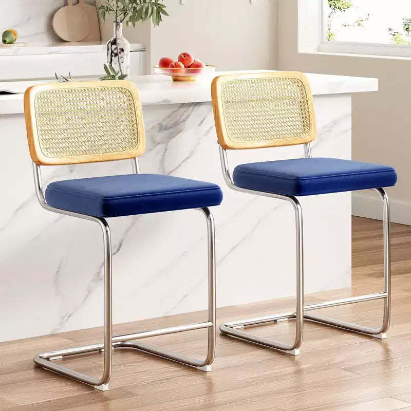 PexFix 2Pcs Counter Height Bar Stools Upholstered Velvet Barstools with Rattan Back 24 inch Stools Armless Bar Chairs for Kitchen Island Royal Blue
