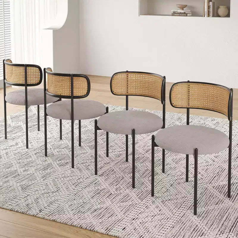 PexFix 4Pcs Modern Upholstered Dining Chairs Rattan Back Dining Room Chairs Accent Kitchen Chairs with Metal Legs Light Gray