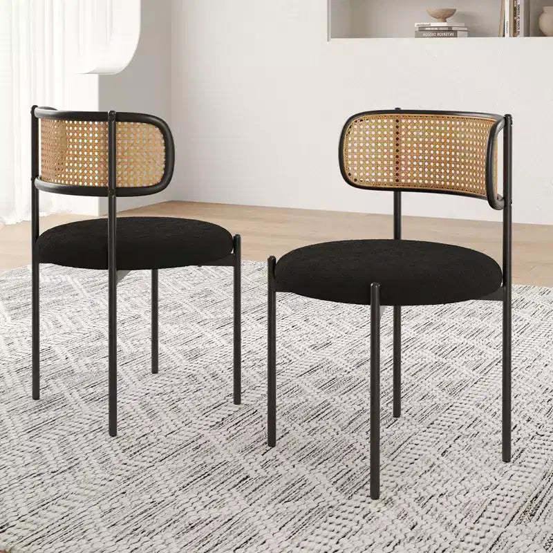 PexFix 2Pcs Modern Upholstered Dining Chairs Rattan Back Dining Room Chairs Accent Kitchen Chairs with Metal Legs Black