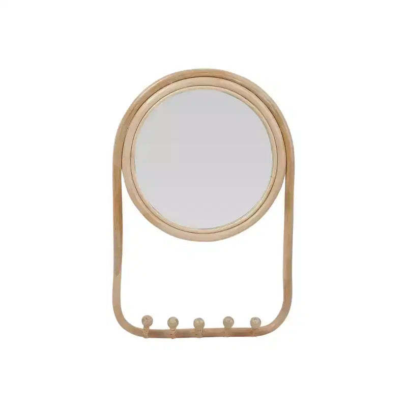 Storied Home Round Rattan Framed Wall Mirror with 5 Hooks, Natural