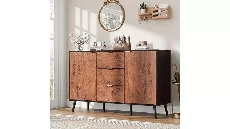 51.2 Walnut Buffet Cabinet with 3 Drawers, Large Sideboard Storage Credenza with Doors and Shelves, Metal Handles, Robot Vacuum Friendly
