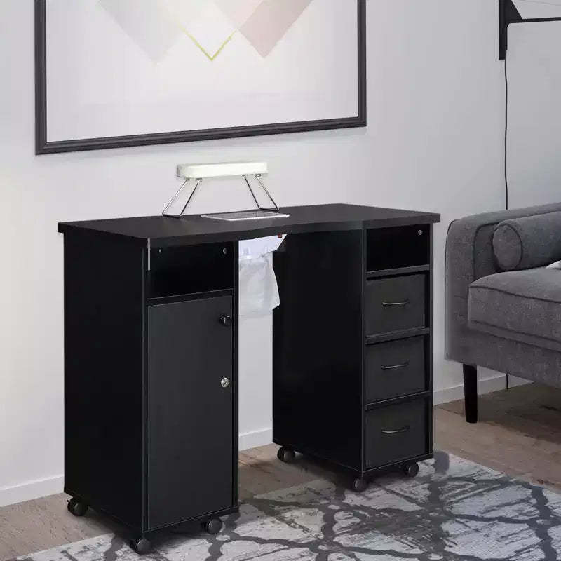 Karlhome Black Manicure Table Nail Desk for Nail Tech with Dust Collector, Wrist Cushion, Storage Cabinet and Drawers