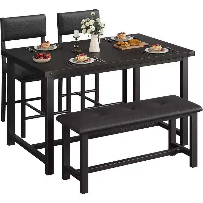CuisinSmart Dining Table Set for 4, Kitchen Table and 2 Upholstered Chairs with Bench, Wooden Rectangular Dining Room Set