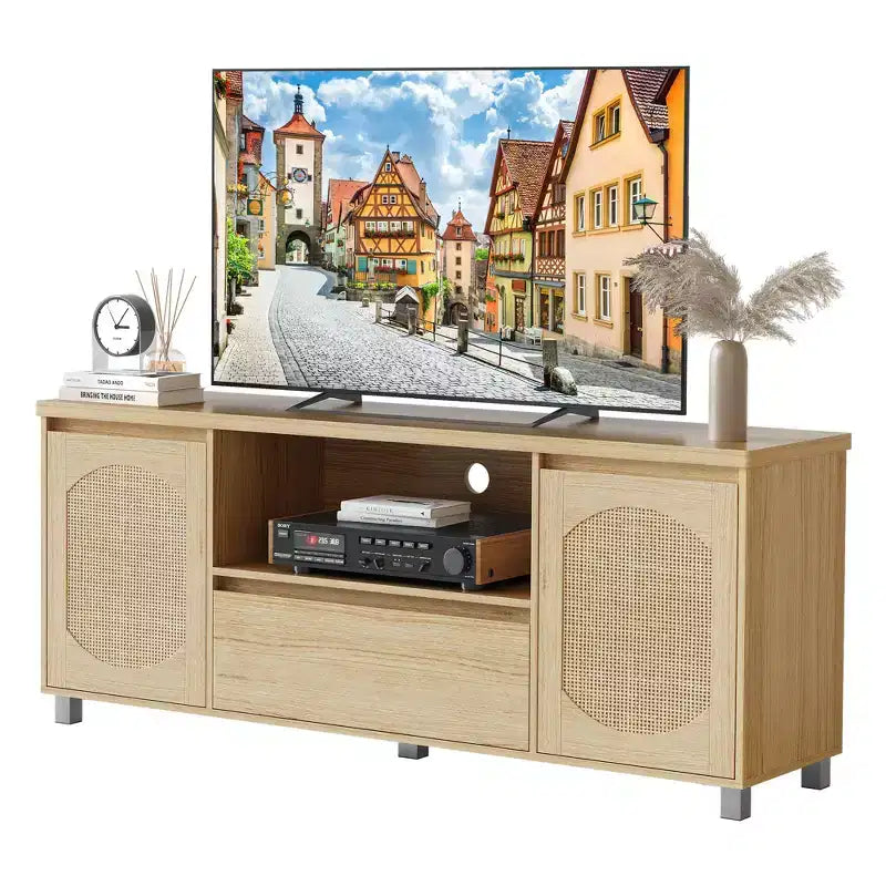 GustoWave Rattan TV Stand for up to 70 TVs, Boho Entertainment Center with Adjustable Shelf & Storage Drawer, Oak