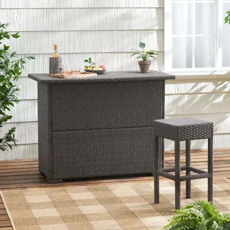 GDFStudio Emmons Outdoor Wicker Storage Bar Table with 3 Shelves
