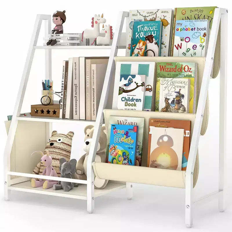 SUGIFT Kids Bookshelf and Toy Organizer, 3-Tier Wooden Book Rack with Sling Fabric Storage, Toddler Reading Shelf for Playroom