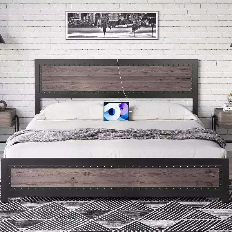 CuisinSmart Metal Bed Frame with Headboard and Footboard, Headboard and Footboard with Rivets, Platform Bed Frame, 10.8''Under Bed Storage