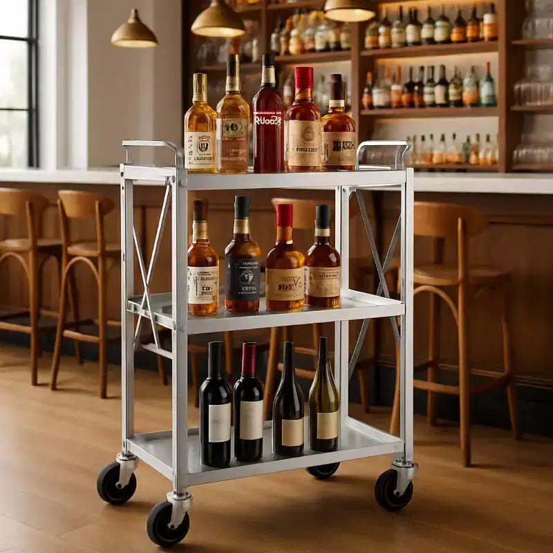 GustoWave 3 Tier Rolling Utility Collapsible Service Cart for Home Restaurants Bars Offices, Silver