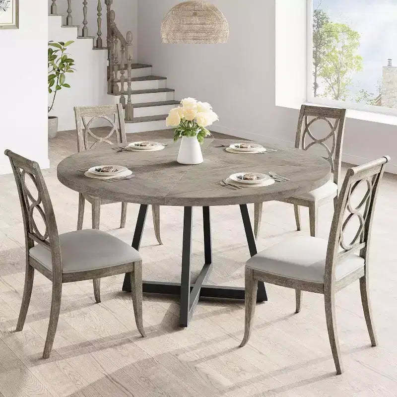 47 Round Dining Table for 4, Industrial Dinner Table with Wooden Top and Metal Base for Home Dining Room or Living Room, Grey (NO Chairs)