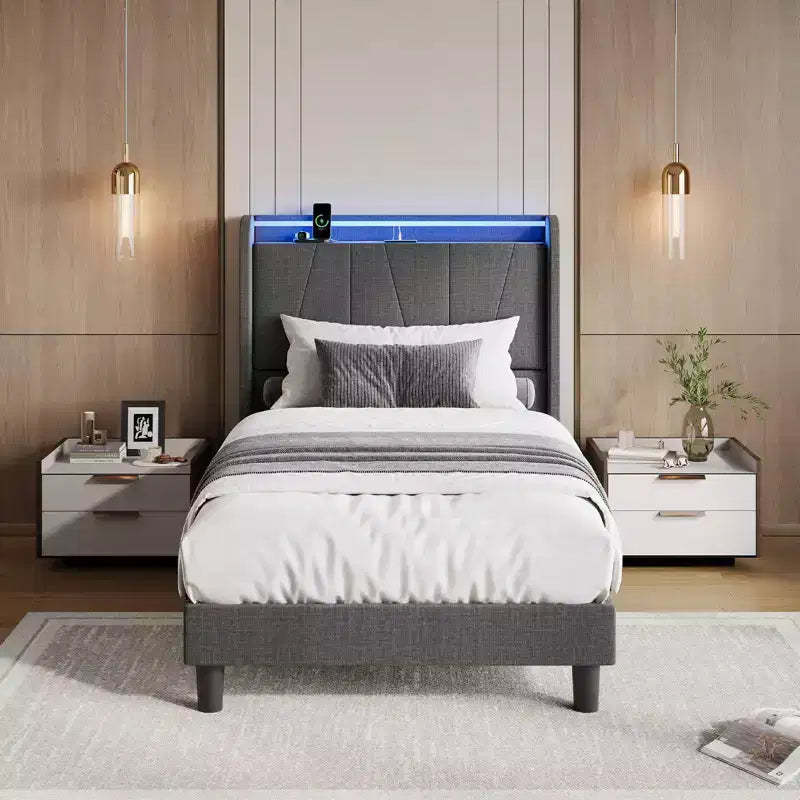 GustoWave Fabric Upholstered Platform Bed Frame, with Under Storage, Steel Slats