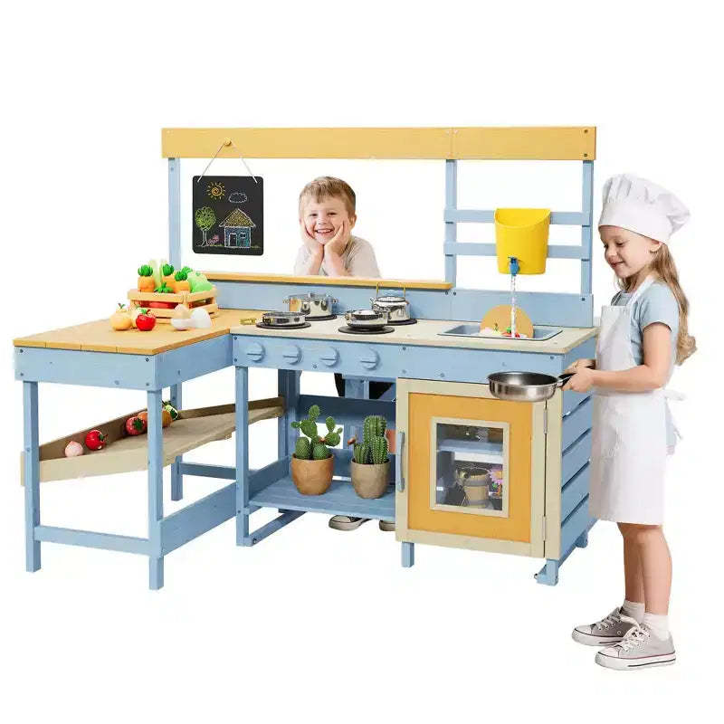 2 in 1 Outdoor Wood Mud Kitchen for Kids, Wooden Play Kitchen w/Picnic Table, Removable Sink & Faucet, Toddler Playset for for Children Ages 3+