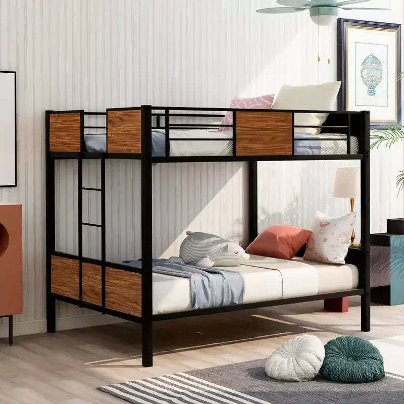 Full Over Full Bunk Bed Modern Style Steel Frame Bunk Bed With Safety Rail Built In Ladder For Bedroom