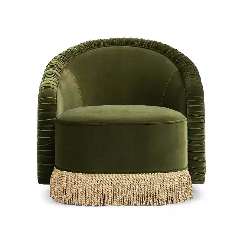 Jennifer Taylor Home Serena 31.5 Ruched Barrel Back Accent Arm Chair with Bullion Fringe, Olive Green Performance Velvet