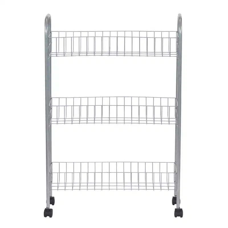 Household Essentials Slim Storage Cart, 3 Shelf Storage Cart with Wheels, Silver