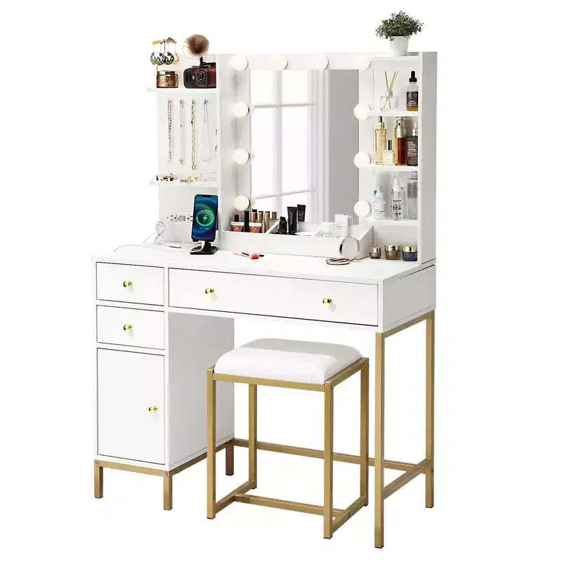 GustoWave Vanity Desk with Mirror, Makeup Vanity Table with Chair & Charging Station, Dressing Table with Drawers & Storage Shelves, 3 Lighting Modes