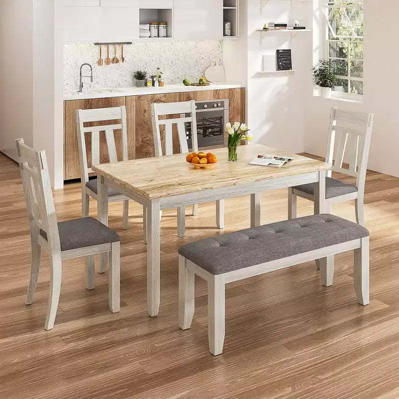 VECELO 6-Piece Wooden Dining Table Set, Dining Table with 4 Armless Upholstered Dining Chairs & Bench for Kitchen, Rubber Wood Legs, Gray