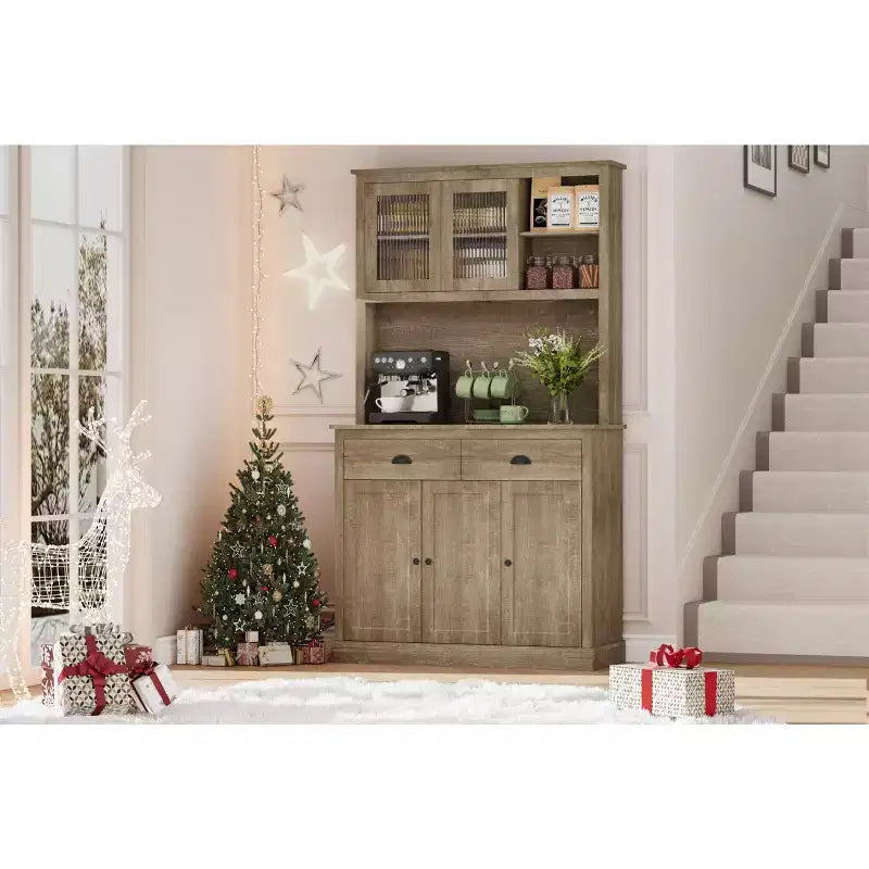 GustoWave 5-door Kitchen Pantry Cabinet, 71 Tall Storage Pantry with Microwave Stand, Modern Kitchen Hutch Cabinet, Rustic Grey