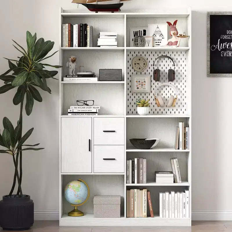 GDFStudio Taliyah Contemporary 9 Cubbies Display Bookshelf with Door, Pegboard and 2 Drawers