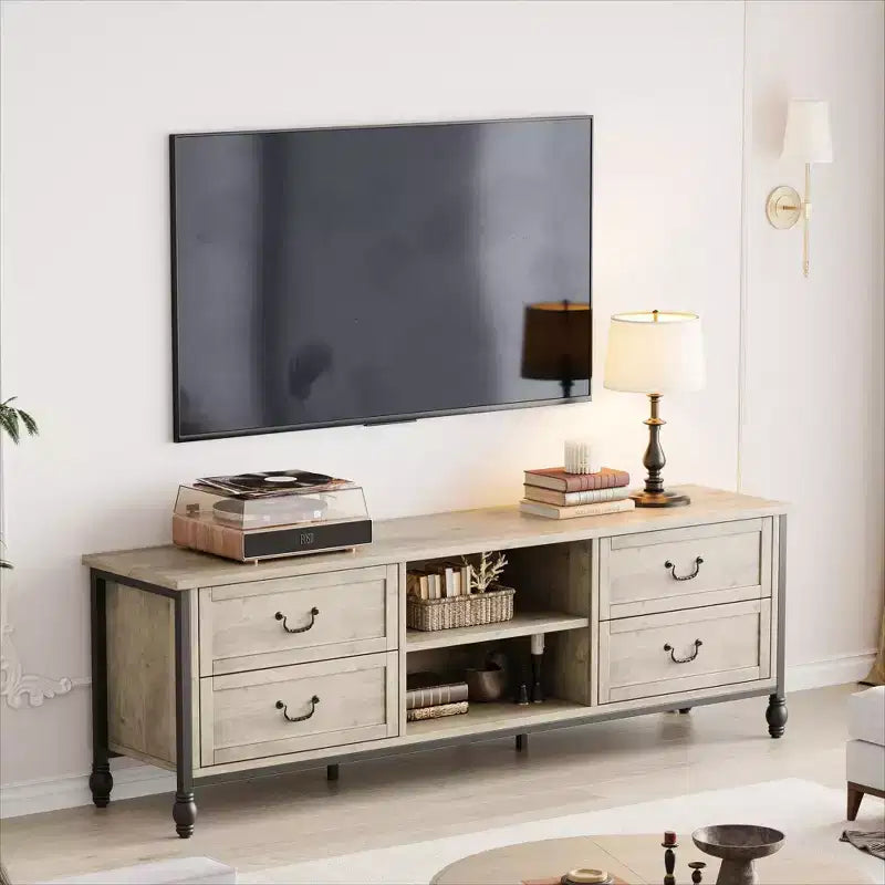 GustoWave Vintage TV Stand for up to 75 Inch TV, Entertainment Center with Metal Roman Columns & 4 Drawers, Rustic Grey