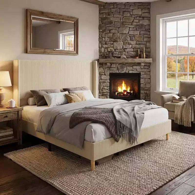 Bed Frame, Corduroy Upholstered Queen Bed Frame with Wingback Headboard, No Box Spring Needed, Solid Wooden Slats, Noise Free