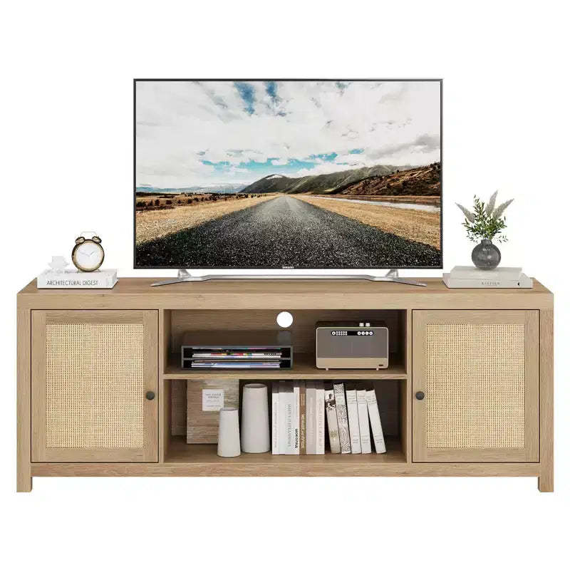 GustoWave Boho TV Stand, Rattan Entertainment Center with Adjustable Shelves & Storage, Natural Oak