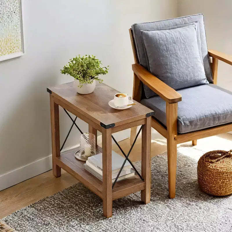 LEDREM Farmhouse Style 2-Tier Side Table with Bottom Shelf, Compact End Table for Living Room & Bedroom, Nightstand for Small Spaces, Honey Brown