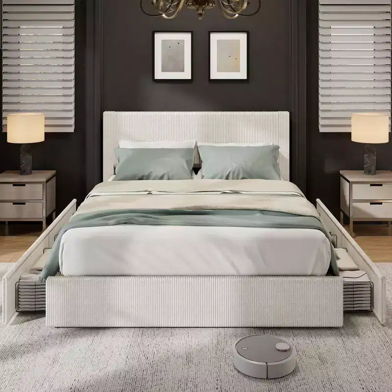 Bed Frame with 4 Storage Drawers, Platform Bed Frame with Upholstered Channel Tufted Headboard, Strong Wooden Slats Support, No Box Spring Needed