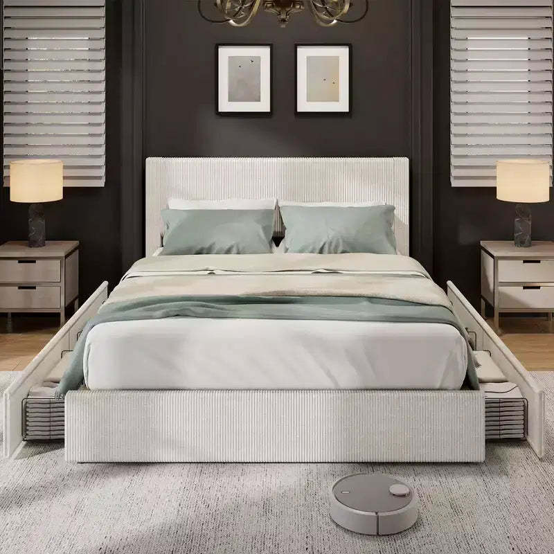 Bed Frame with 4 Storage Drawers, Platform Bed Frame with Upholstered Channel Tufted Headboard, Strong Wooden Slats Support, No Box Spring Needed