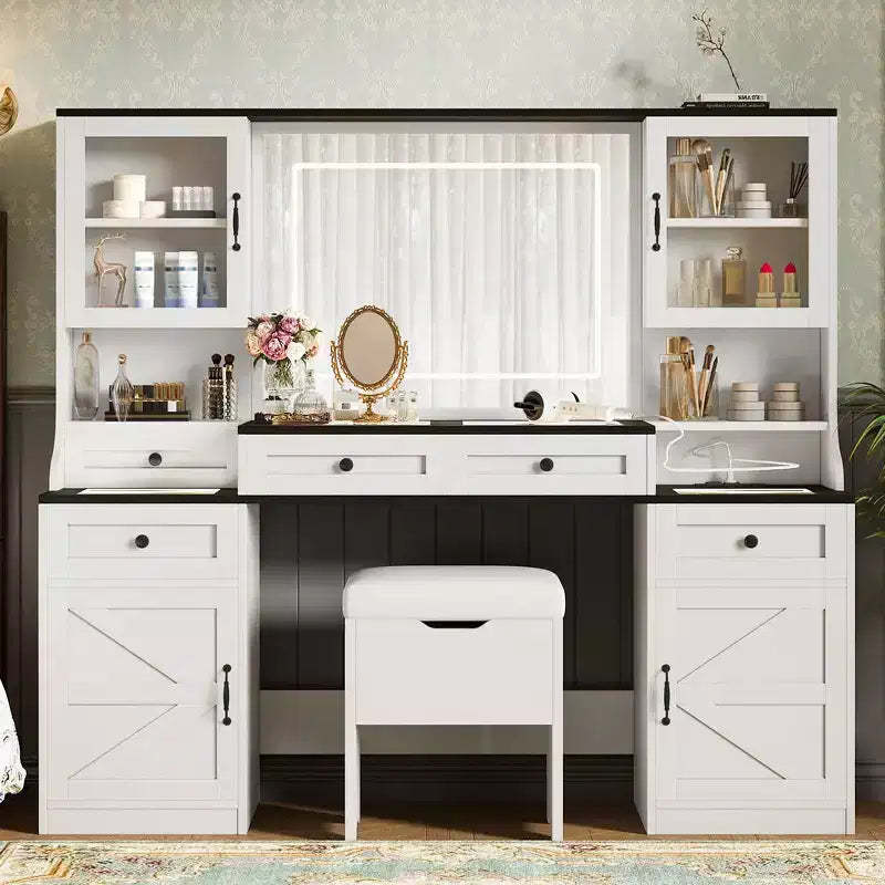Whisen Farmhouse Makeup Vanity Table with LED Touch Mirror, Cushioned Storage Stool, Glass Top, Charging Station and Ample Storage Space - White
