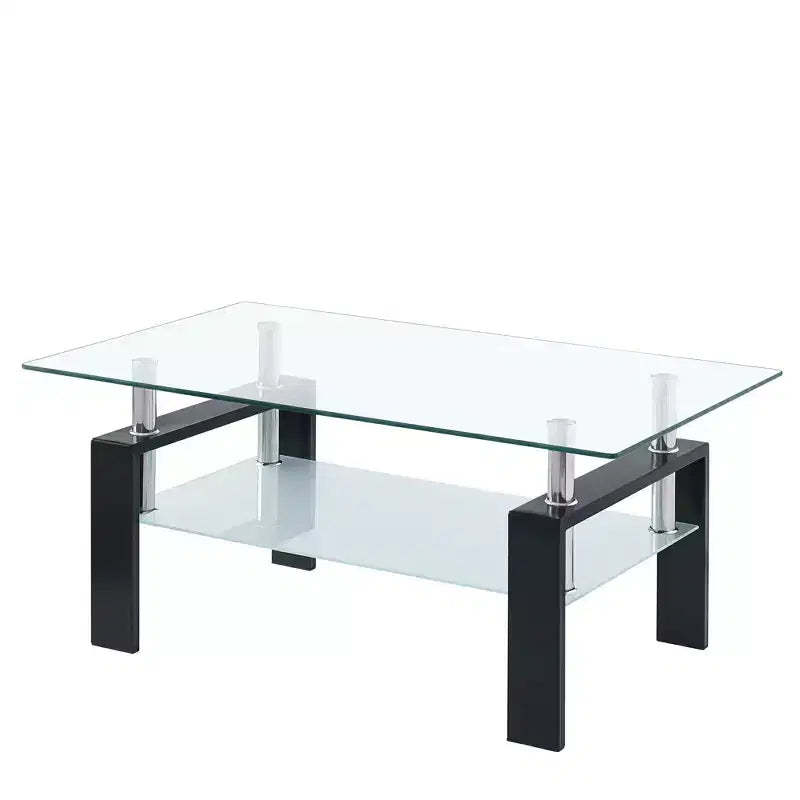HomeRoots 39 Clear and Black Glass and Steel Coffee Table With Shelf