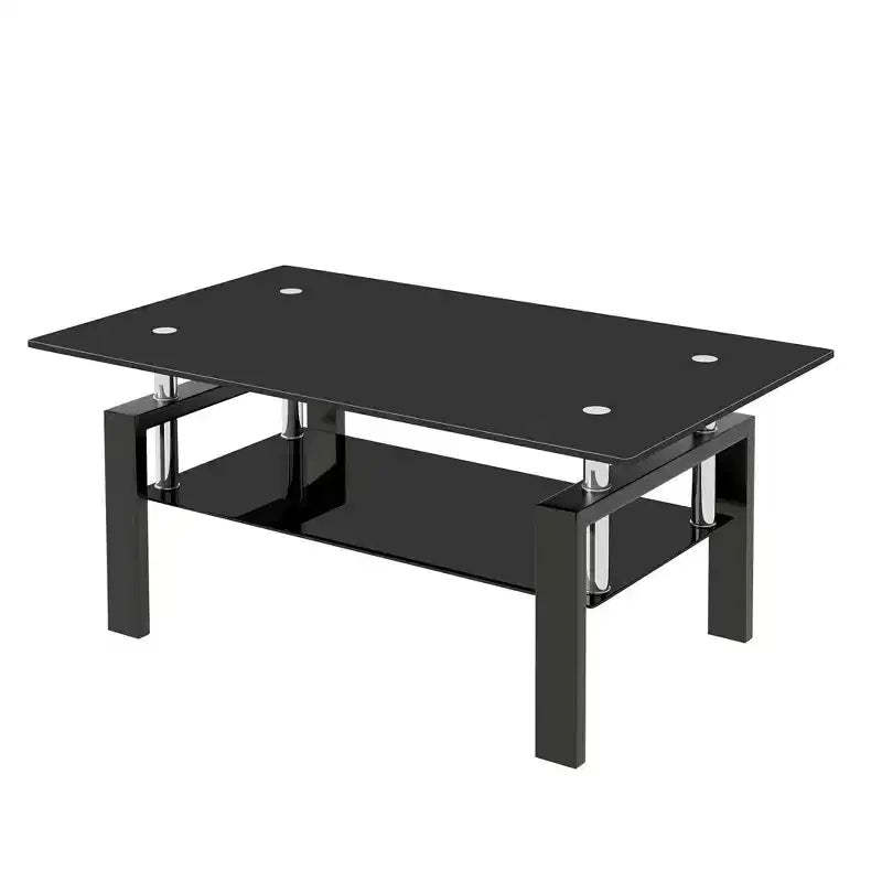 HomeRoots 39 Black Glass and Steel Coffee Table With Shelf