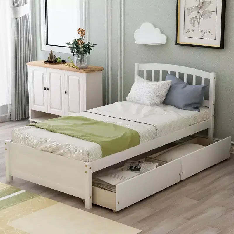 Twin Platform Storage Bed Wood Bed Frame with Two Drawers and Headboard White