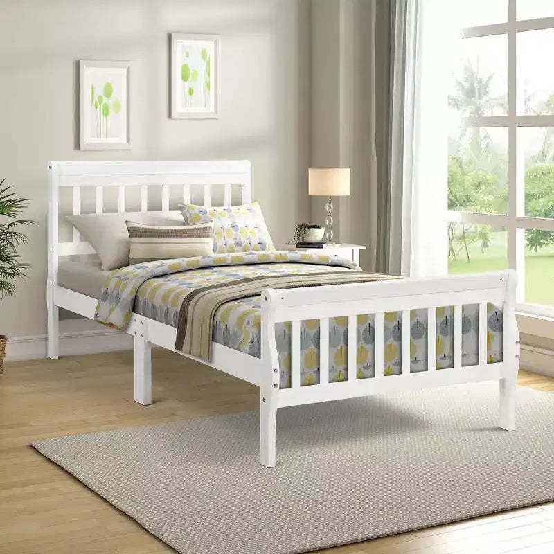Wood Platform Bed Twin Bed Frame Panel Bed Mattress Foundation Sleigh Bed with Headboard Footboard and Wood Slat Support