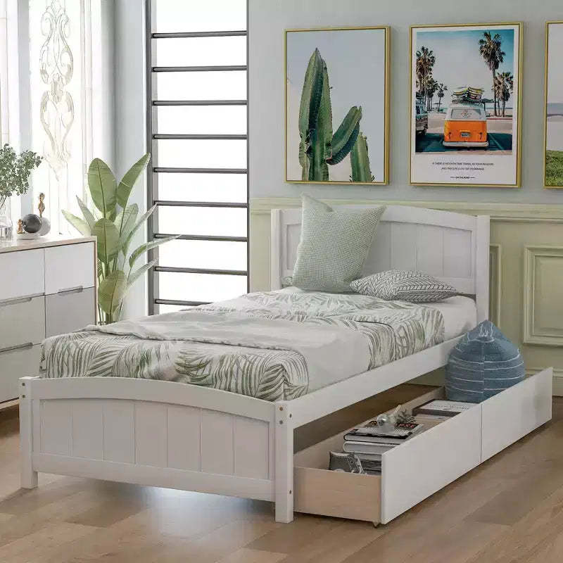 Twin size white platform bed with two drawers modern design extra storage space