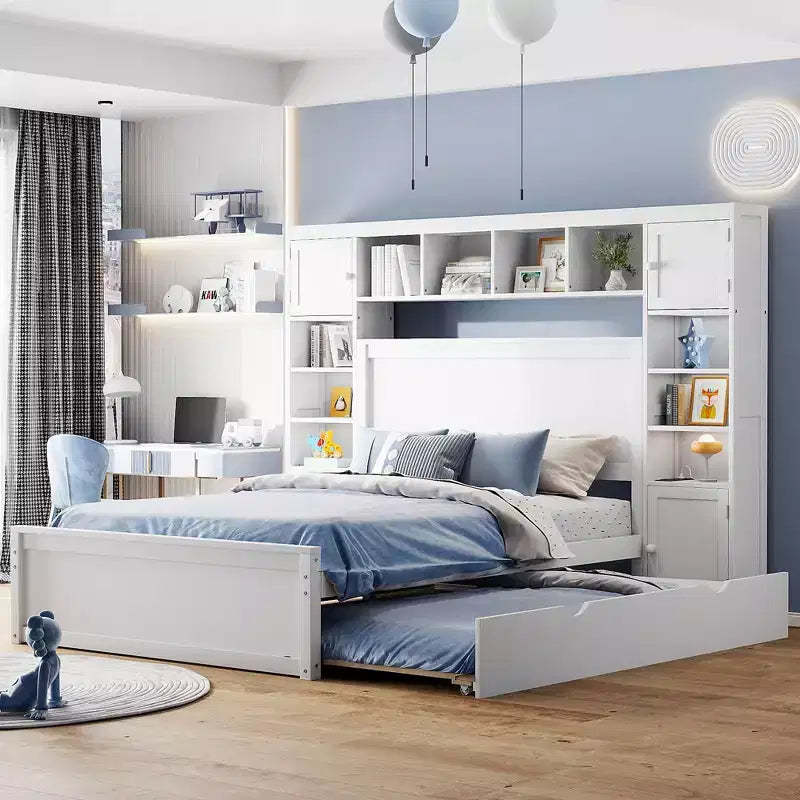 Full Size Wooden Bed With All-in-One Cabinet Shelf and Sockets Twin Size Trundle White