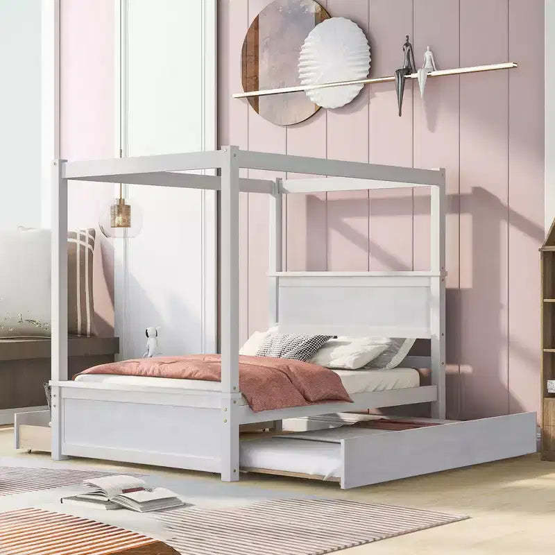 Wood Canopy Bed with Trundle Bed and two Drawers ,Full Size Canopy Platform bed With Support Slats .No Box Spring Needed Brushed White