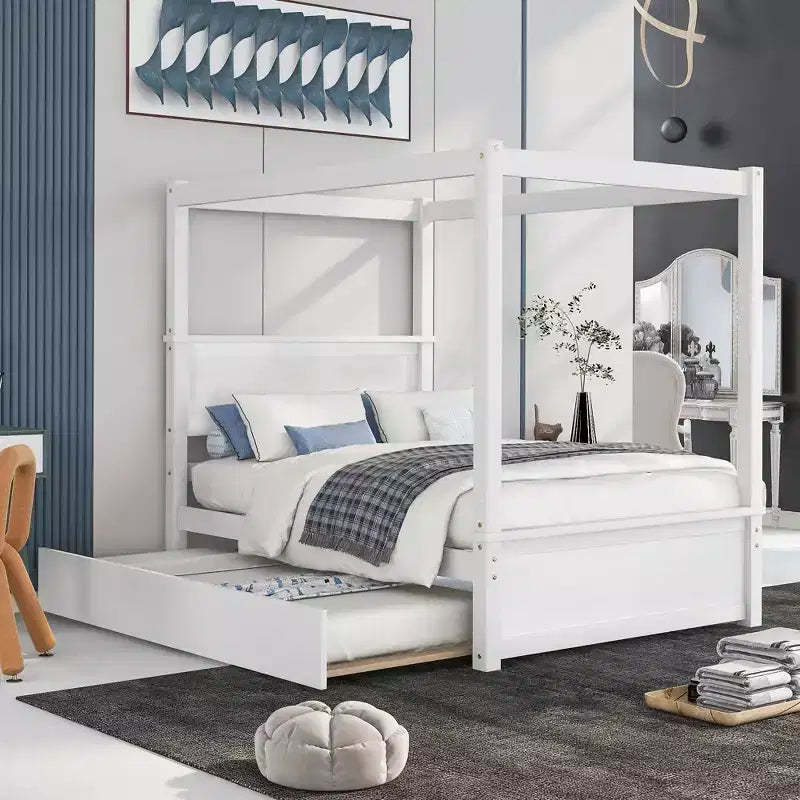 Wood Canopy Bed with Trundle Bed Full Size Canopy Platform bed With Support Slats No Box Spring Needed Brushed White
