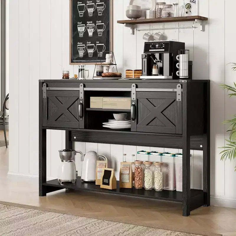 RoyalCraft Farmhouse Entryway Console Table with Storage Shelves, Sliding Barn Door and Spacious Tabletop for Living Room or Foyer, Black