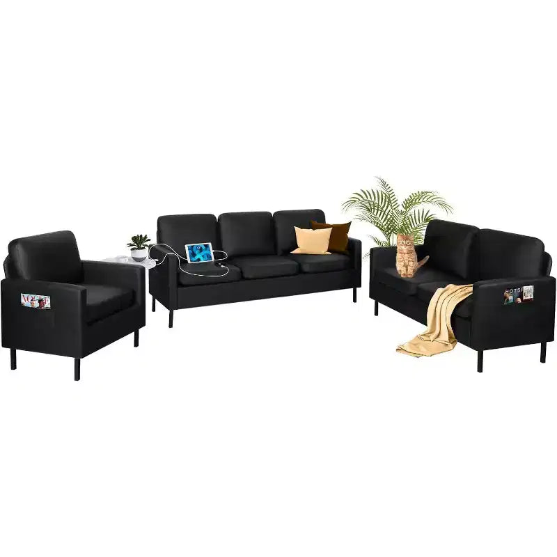 TYBOATLE 3-Piece Living Room Furniture Set with USB, Modern 3-Seat Couch, Loveseat & Accent Chair for Small Spaces