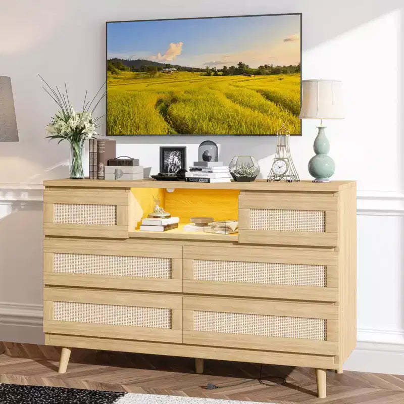 Large Wooden Rattan 6 Drawers, Natural Wood Dressers with LED Light and Charging Station for Closet, Nursery, Living Room