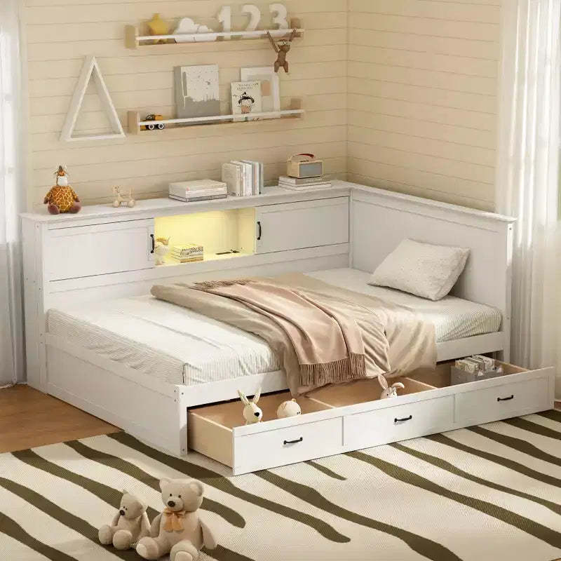 Merax White L-Shaped Daybed Frame with Storage Space and Charging Station