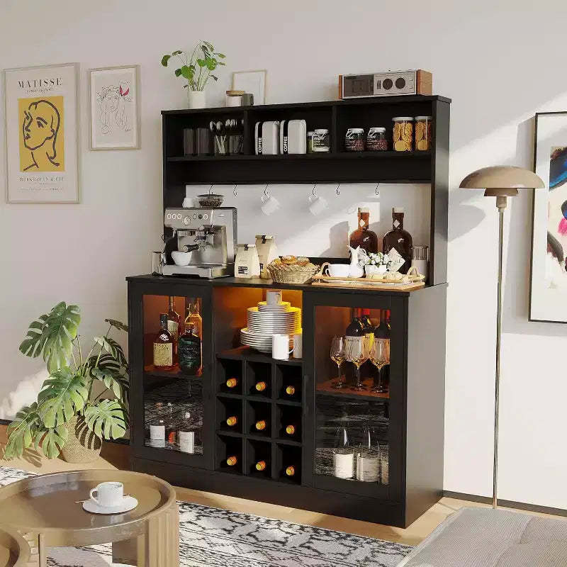 47Inch Wine Bar Cabinet, Liquor Cabinet Kitchen Coffee Bar Storage, Storage Buffet for Home Office Dining Room, Black