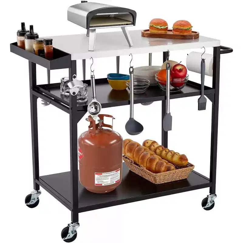 Outdoor Grill Table Cart with 4 Wheels, Stainless Steel Pizza Oven Table for Outside, Movable Prep Table Cooking Station