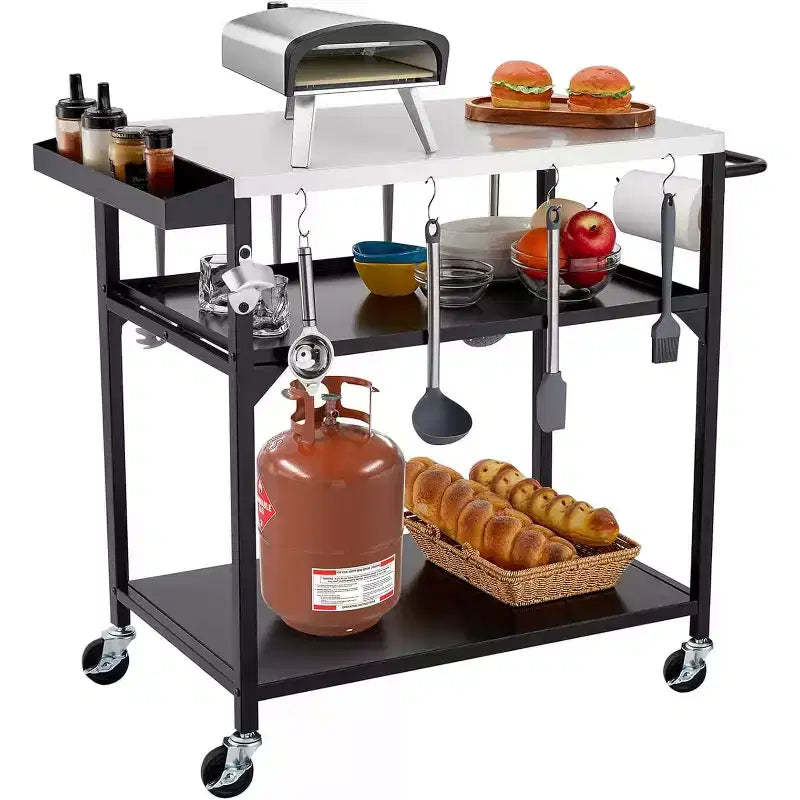 Outdoor Grill Table Cart with 4 Wheels, Stainless Steel Pizza Oven Table for Outside, Movable Prep Table Cooking Station