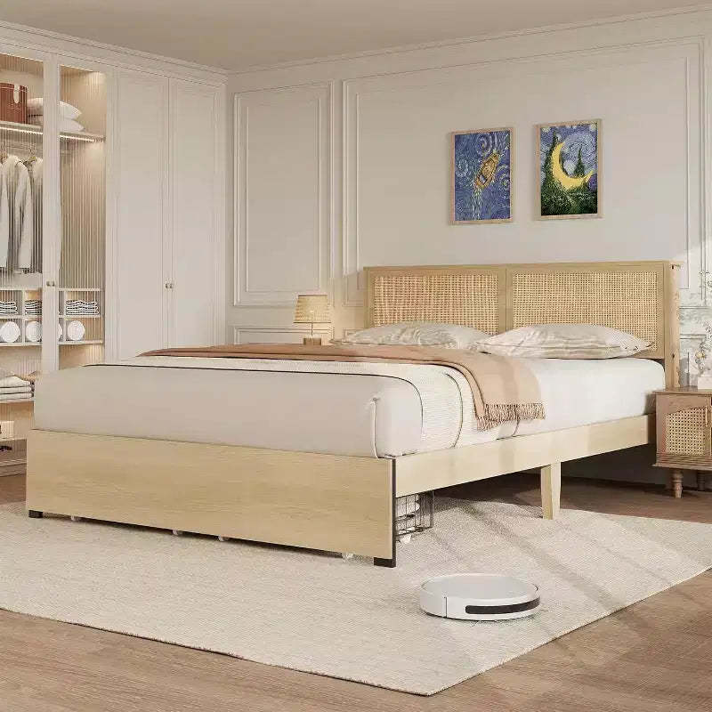 Boho Natural Rattan Bed Frame with Wooden Headboard, 2 Storage Drawers, RGB LED Lights, Sturdy Platform with Slats, No Box Spring Required