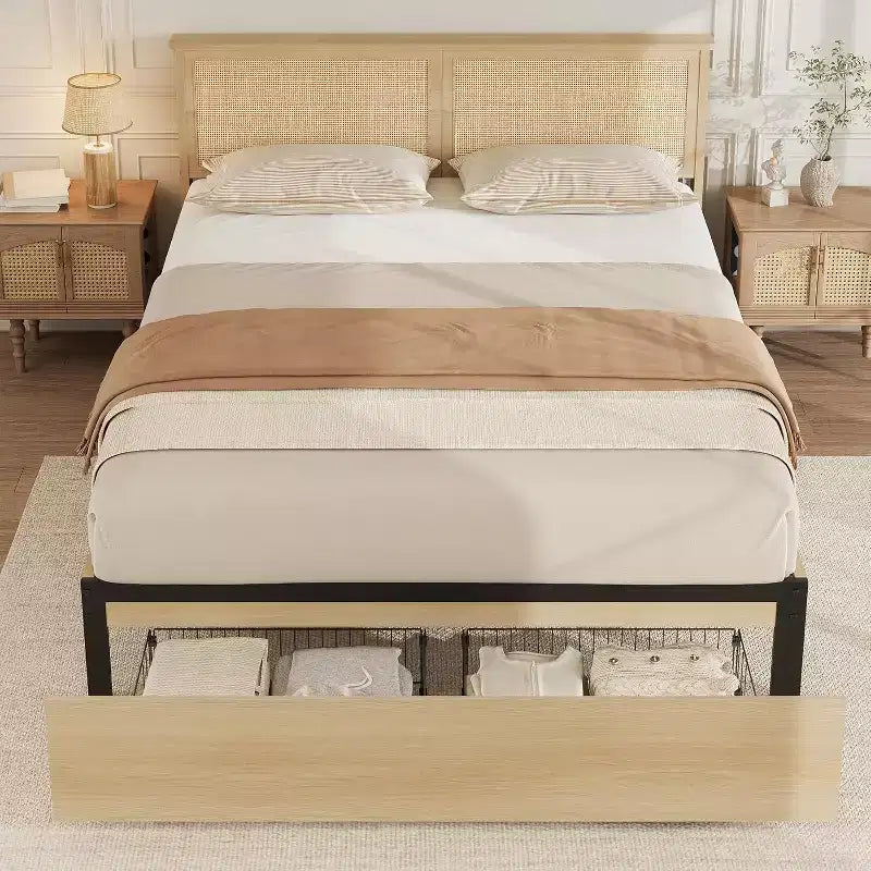 Full/Queen/King Size Rattan Bed Frame with 2 Storage Drawers, Wooden Platform Bed with Handcrafted Rattan Headboard, Boho Rustic Style, Noise-Free