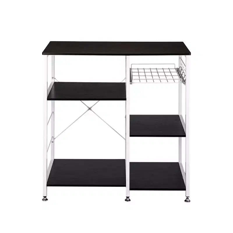 90X40X84cm Floor-Standing 4-Layer Microwave Oven Rack with Pull-Out Basket+X Cross Piece