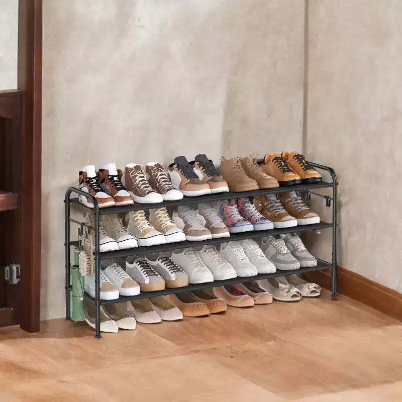 Shoe Rack, 3 Tier Shoe Organizer, Fabric Shoe Shelf Storage with 4 Hooks, Holds up to 18 Pairs of Shoes, Height-Adjustable Shoe Rack for Entryway