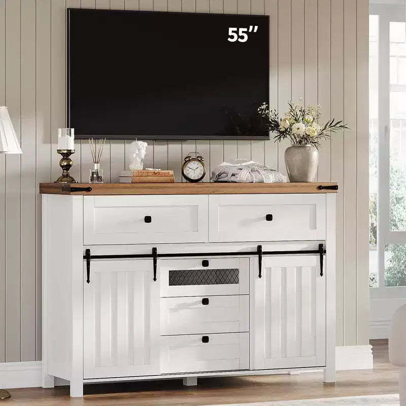 Farmhouse Buffet Cabinet, Sideboard Storage Cabinet with 5 Drawers and Sliding Barn Doors, Wood Coffee Bar Table with Adjustable Shelf